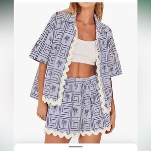 Print Short Sleeve Lapel Button T-Shirt with Elastic Waistband Wide Leg Shorts